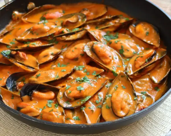 Mejillones con tomate en salsa cremosa, espolvoreados con perejil fresco, servidos en una sartén negra.