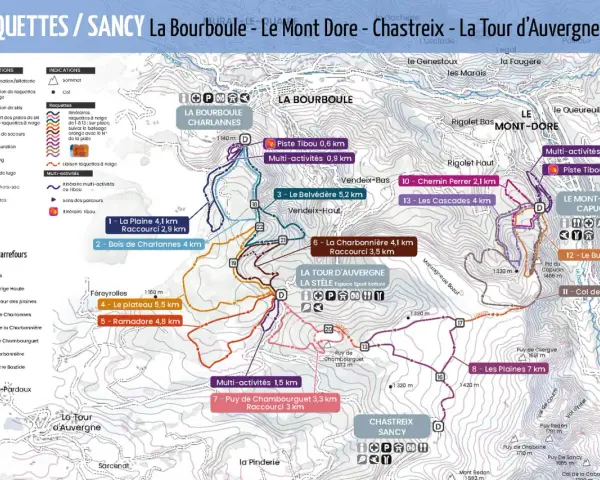 Carte des sentiers de raquettes au Mont Dore. Itinéraires balisés pour explorer la région.