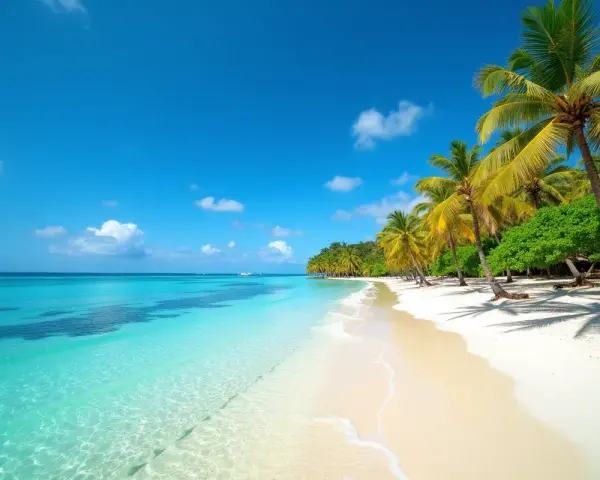 Rajska plaża na Mauritiusie we wrześniu. Błękitne niebo, turkusowa woda i palmy tworzą idealną pogodę na wakacje.