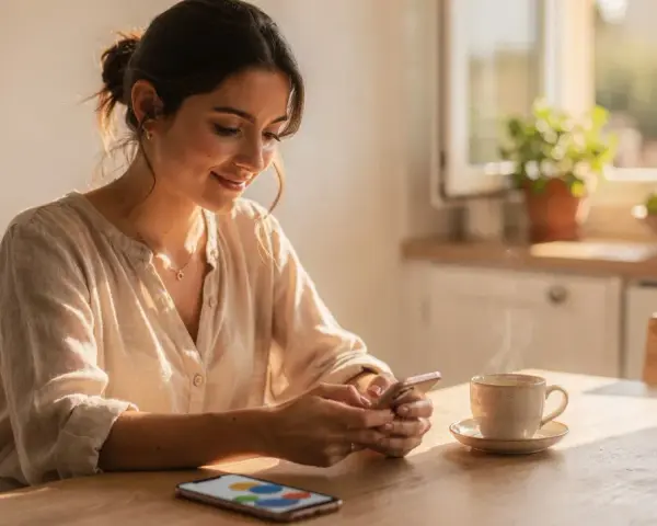 Mujer sonríe usando su móvil, con una taza de café y un gráfico en pantalla. Ideal para un programa para hacer presupuestos gratis.
