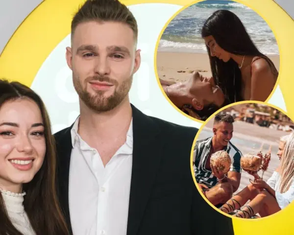 Hotel Paradise 3: Uczestnicy na zdjęciu głównym i w okrągłych wstawkach, pokazujący ich na plaży i z kokosami.