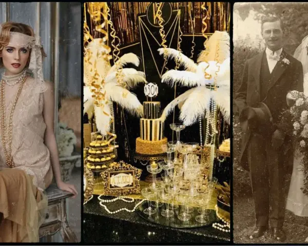 Eleganckie lata 20. stylizacje: kobieta w sukni z pereł, złoty tort i para młoda na ślubnym zdjęciu.