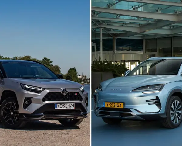 Dwa SUV-y: srebrny Toyota RAV4 i niebieski BYD Seal U.