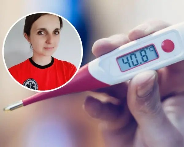 Kobieta w czerwonej koszulce i termometr pokazujący 40.8°C.