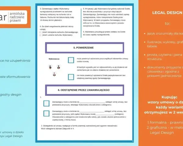 Wzór umowy o dzieło w wersji Legal Design: przejrzyste punkty, miejsce na uzupełnienia i łagodny design.