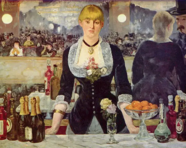 Bar w Folies-Bergère. Młoda barmanka z kwiatami we włosach i na sukni stoi za ladą pełną butelek i owoców, w tle tłum widzów.