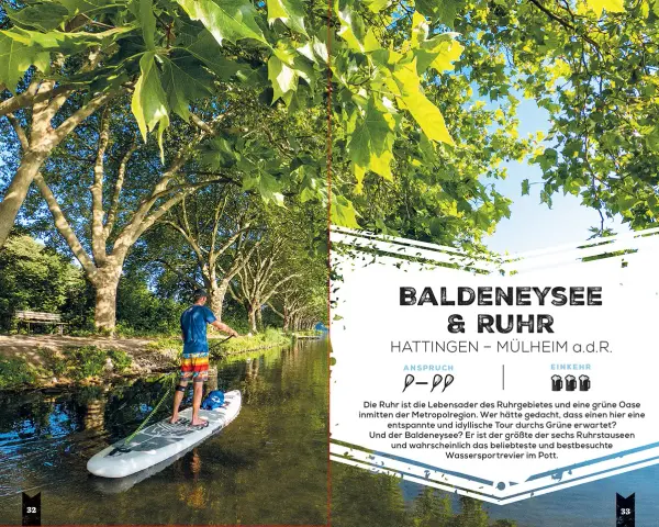 Mann fährt SUP auf der Ruhr bei Hattingen. Hier darf man SUP fahren und die grüne Oase genießen.