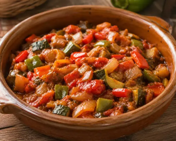 Un delicioso pisto de calabacín, pimientos y tomate en una cazuela de barro. ¡Perfecto para aprender como hacer pisto de calabacín!