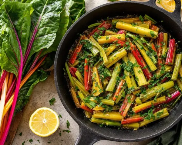 Blettes colorées cuisinées à la poêle, parsemées de persil. Une recette simple et savoureuse pour sublimer ce légume.