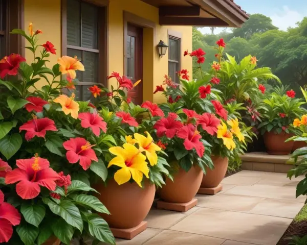 En rad krukor med färgglad hibiskus utomhus i Sverige, som skapar en tropisk känsla vid ett gult hus.