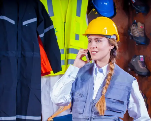 Kobieta w żółtym kasku rozmawia przez telefon, otoczona odzieżą roboczą. Może to być związane z artykułem 220 kodeksu karnego, dotyczącym bezpieczeństwa pracy.