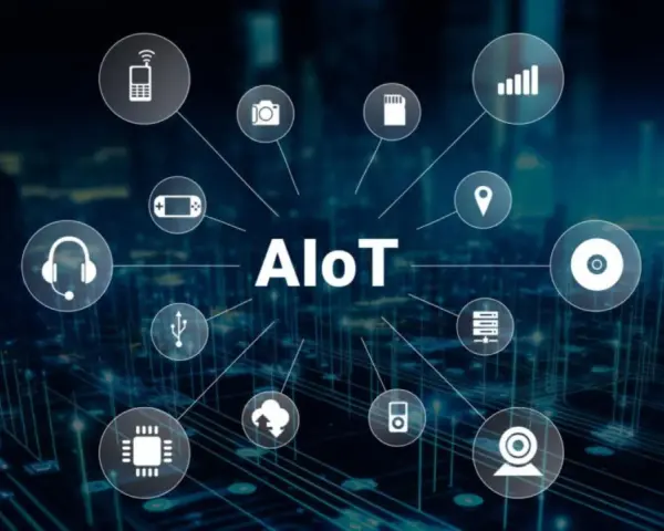 AIoT concept with icons representing devices and services, illustrating seamless iot integration.