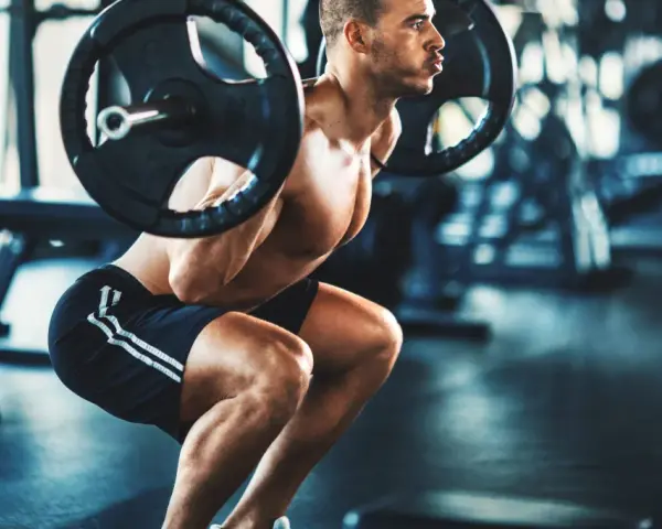 Man gör ett tungt benspark hemma med skivstång på axlarna i ett gym.