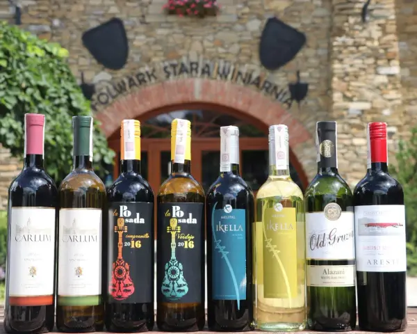 Wybierasz jakie wino na wesele? Rząd butelek z winem czerwonym i białym przed starą winnicą.