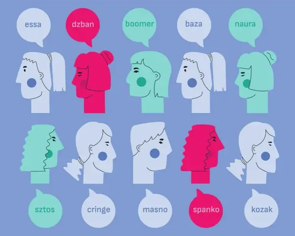 Ilustracja przedstawia głowy ludzi z dymkami, w których znajdują się słowa: "essa", "dzban", "boomer", "baza", "naura", "sztos", "cringe", "masno", "spanko", "kozak". To taki slangowy słowniczek.