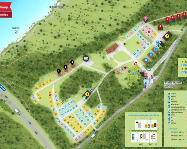 Karta över First Camp Mellsta - Borlänge med campingplatser, stugor, servicehus och faciliteter vid Dalälven.