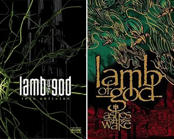 Behold the Lamb of God album covers: "Into Oblivion" with a glowing geometric orb and "Ashes of the Wake" with a skeletal dragon.
