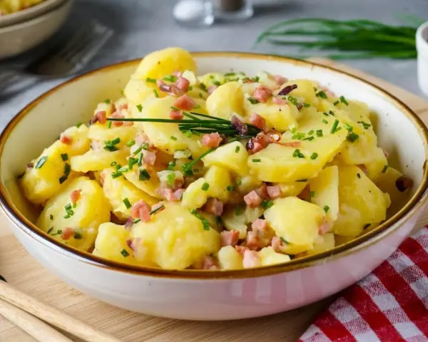 Schüssel mit warmem Kartoffelsalat, garniert mit Speckwürfeln und Schnittlauch. Ein Klassiker, der immer schmeckt!