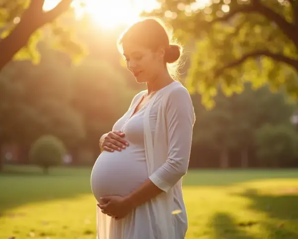 Kobieta w wieku 48 lat cieszy się naturalną ciążą, trzymając dłonie na brzuchu w promieniach zachodzącego słońca w parku.
