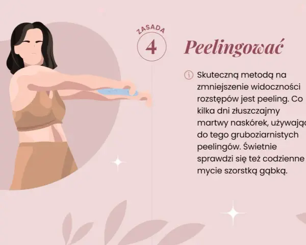 Kobieta wykonuje peeling, by zmniejszyć widoczność rozstępów. Domowe sposoby na rozstępy to m.in. peeling.