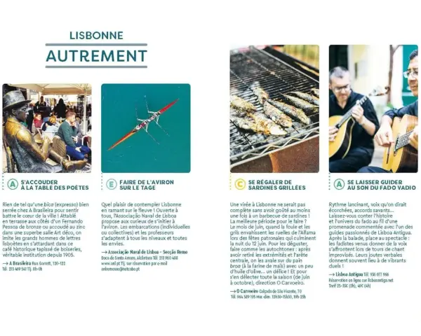 Lisbonne autrement : s'accouder à la table des poètes, faire de l'aviron sur le Tage, se régaler de sardines grillées, se laisser guider au son du Fado. Idéal pour vos vacances scolaires au Portugal.