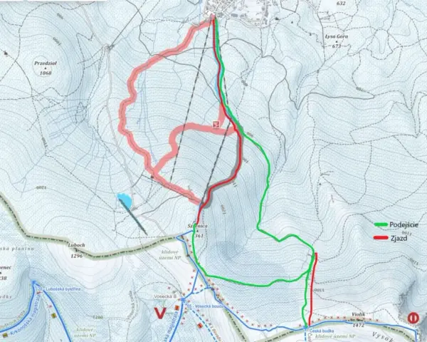 Mapa turystyczna z zaznaczonymi trasami Podejście (zielona) i Zjazd (czerwona) w rejonie Łabskiego Szczytu.