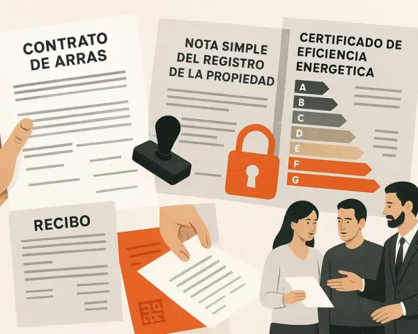 Documentos clave para la escritura pública de vivienda: contrato, nota simple, certificado energético y recibo.