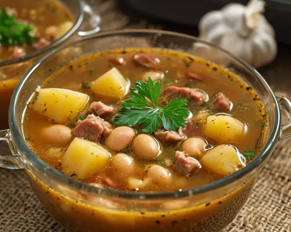 Dos cuencos de cristal con caldo gallego, patatas, alubias y carne.