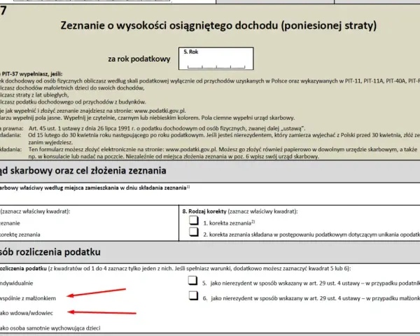 Formularz PIT-37, sekcja B. Sposób rozliczenia podatku. Możliwość rozliczenia indywidualnie, wspólnie z małżonkiem, jako wdowa/wdowiec lub osoba samotnie wychowująca dzieci. Podatek od sprzedaży.