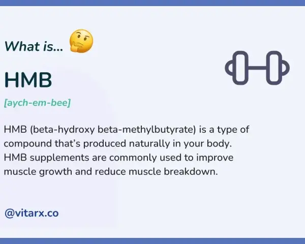 HMB co to? To beta-hydroksy beta-metylomaślan, związek naturalnie produkowany w ciele, wspierający wzrost mięśni. Ikona hantli symbolizuje jego zastosowanie.