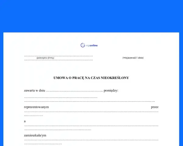 Formularz umowy o pracę na czas nieokreślony, gotowy do wypełnienia.