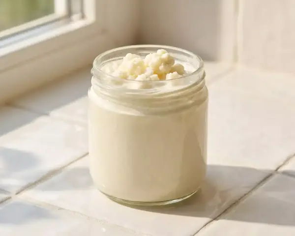Ein Glas Kefir mit lebenden Kulturen, bereit für die Zubereitung von Kefir-Brot.