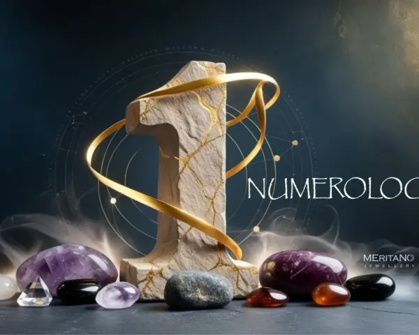 Kamienna jedynka z złotymi żyłkami, otoczona kryształami i mgłą, symbolizuje numerologię.
