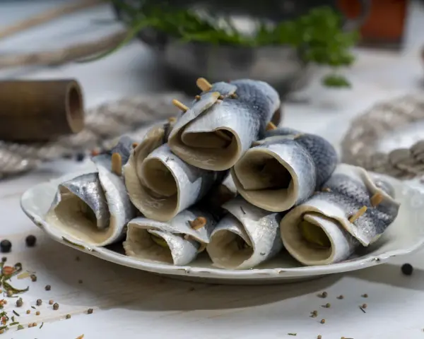 Gestapelte Rollmops Fisch auf einem Teller, garniert mit Gewürzen und Holzspießen.