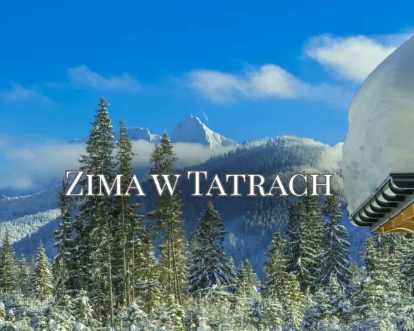 Zima w Tatrach, czy w Bukowinie Tatrzańskiej jest śnieg? Tak, góry pokryte są białym puchem, a niebo błękitne.