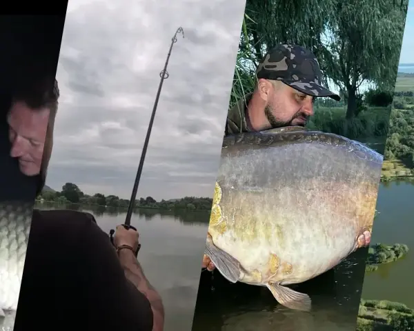 Wędkarze z wielkimi karpiami nad jeziorem. Euro aqua to ich pasja.