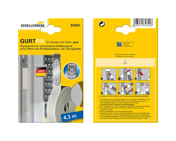 Reparaturset für Rollladengurte. Mit diesem Set können Sie den Rollladengurt austauschen, ohne den Rollladenkasten öffnen zu müssen. Die Kosten für den Austausch sind somit gering.