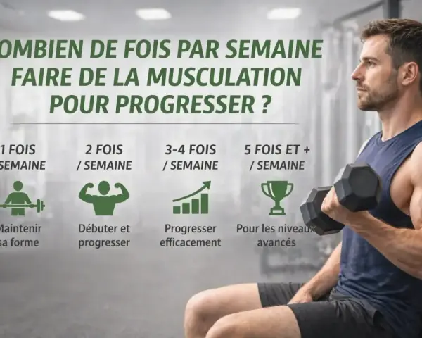 Un homme musclé soulève une haltère. L'image explique combien de fois par semaine faire de la musculation pour progresser, idéal pour un jour de repos musculation.