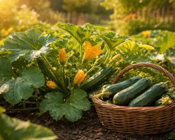 Frisch geerntete Zucchini liegen in einem Korb neben der Pflanze mit gelben Blüten. Ein perfekter Moment für die Zucchini-Ernte im warmen Abendlicht.