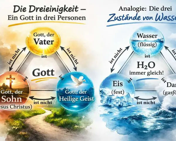 Die Dreieinigkeit: Gott, der Vater, der Sohn (Jesus Christus) und der Heilige Geist sind ein Gott. Analogie: Wasser, Eis und Dampf sind H2O.