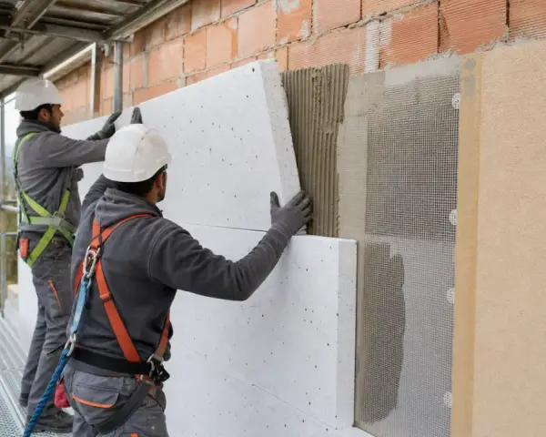 Operai in cantiere applicano pannelli isolanti per forare cappotto termico. Lavori di isolamento esterno.