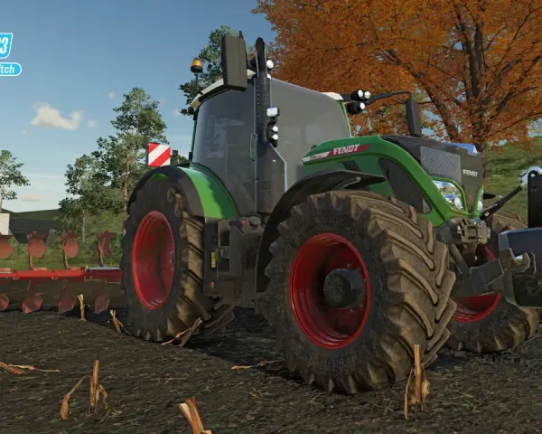 Zielony traktor Fendt z pługiem na polu jesienią, z logo Farming Simulator 23.