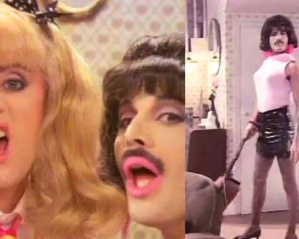 Freddie Mercury w klipie "I Want to Break Free" Queen, w różowej bluzce i skórzanej spódniczce, z warkoczem i szminką.