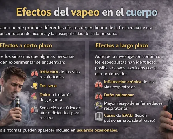 ¿Qué pasa si vapeas una vez? Irritación de garganta, tos seca y dificultad para respirar son posibles efectos a corto plazo, incluso en usuarios ocasionales.