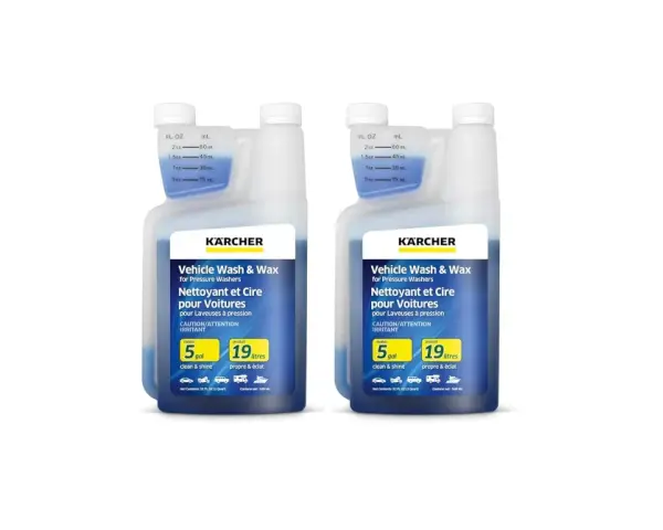 Two bottles of Kärcher Vehicle Wash & Wax for pressure washers. This car wash soap is designed for pressure washers, ensuring a clean and shiny finish.