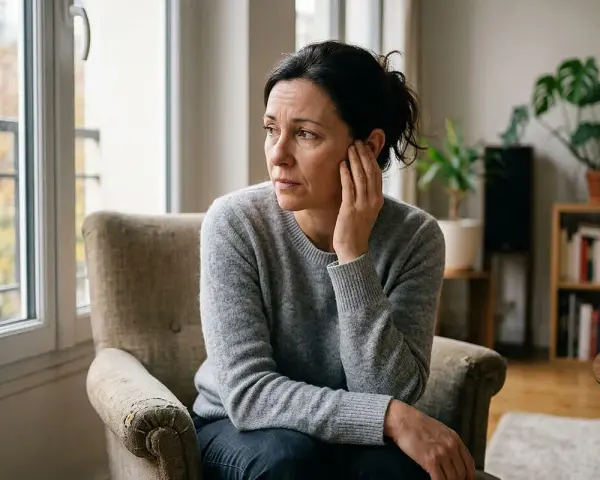 Femme assise près d'une fenêtre, le regard perdu, une main sur l'oreille comme pour entendre un bip dans l'oreille.