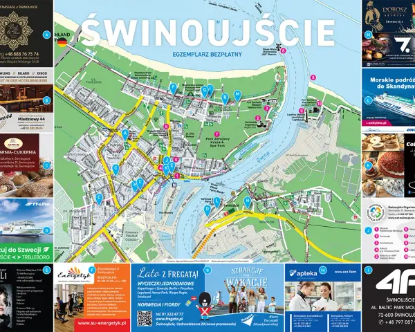 Mapa Świnoujścia z zaznaczonymi atrakcjami, hotelami, restauracjami i punktami usługowymi. Znajdziesz tu świnoujście atrakcje mapa.