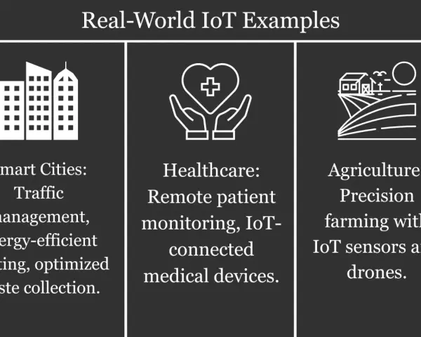 Real-world IoT examples: Smart Cities for traffic management, Healthcare for remote monitoring with IoT devices, and Agriculture for precision farming using IoT sensors and drones.