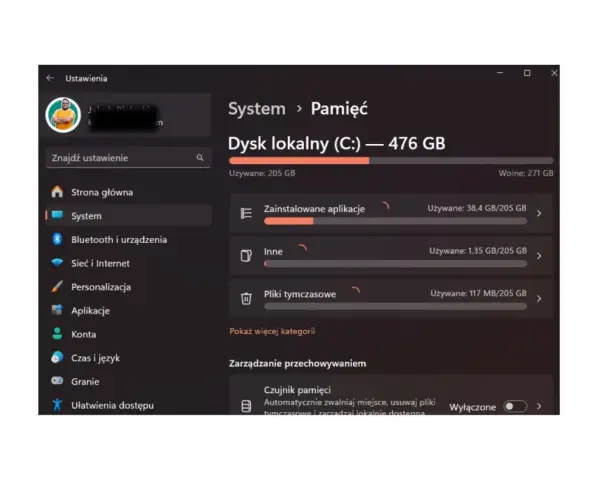 Ustawienia Windows 10: zarządzanie pamięcią dysku lokalnego C:, przegląd zajętego miejsca przez aplikacje i pliki tymczasowe.