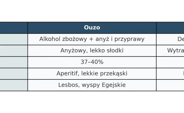 Tabela porównuje Ouzo i Tsipouro: tsipouro to mocniejszy destylat z wytłoków winogron, idealny do posiłków.